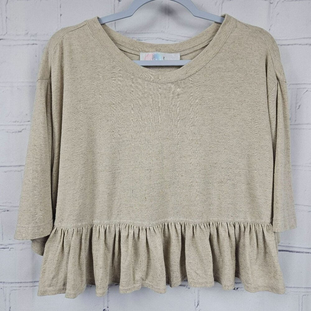FP Beach Ruffle Linen Blend Shirt Top Blouse Womens M Short Sleeve Boxy Oversize